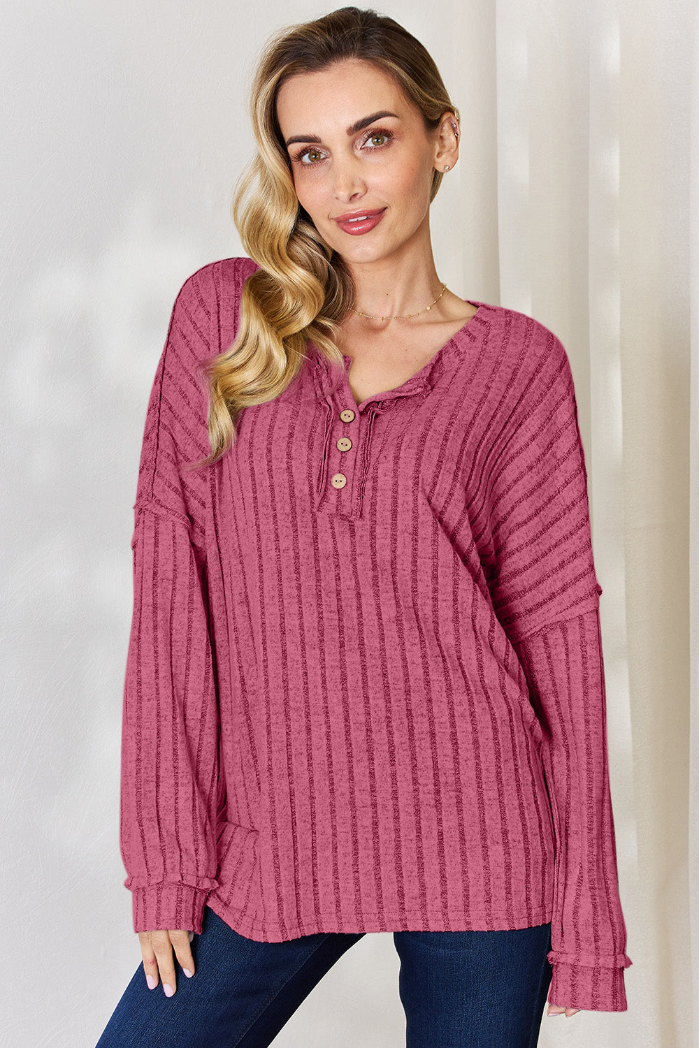 Basic Bae Regular/Full Size Ribbed Half Button Long Sleeve T-Shirt