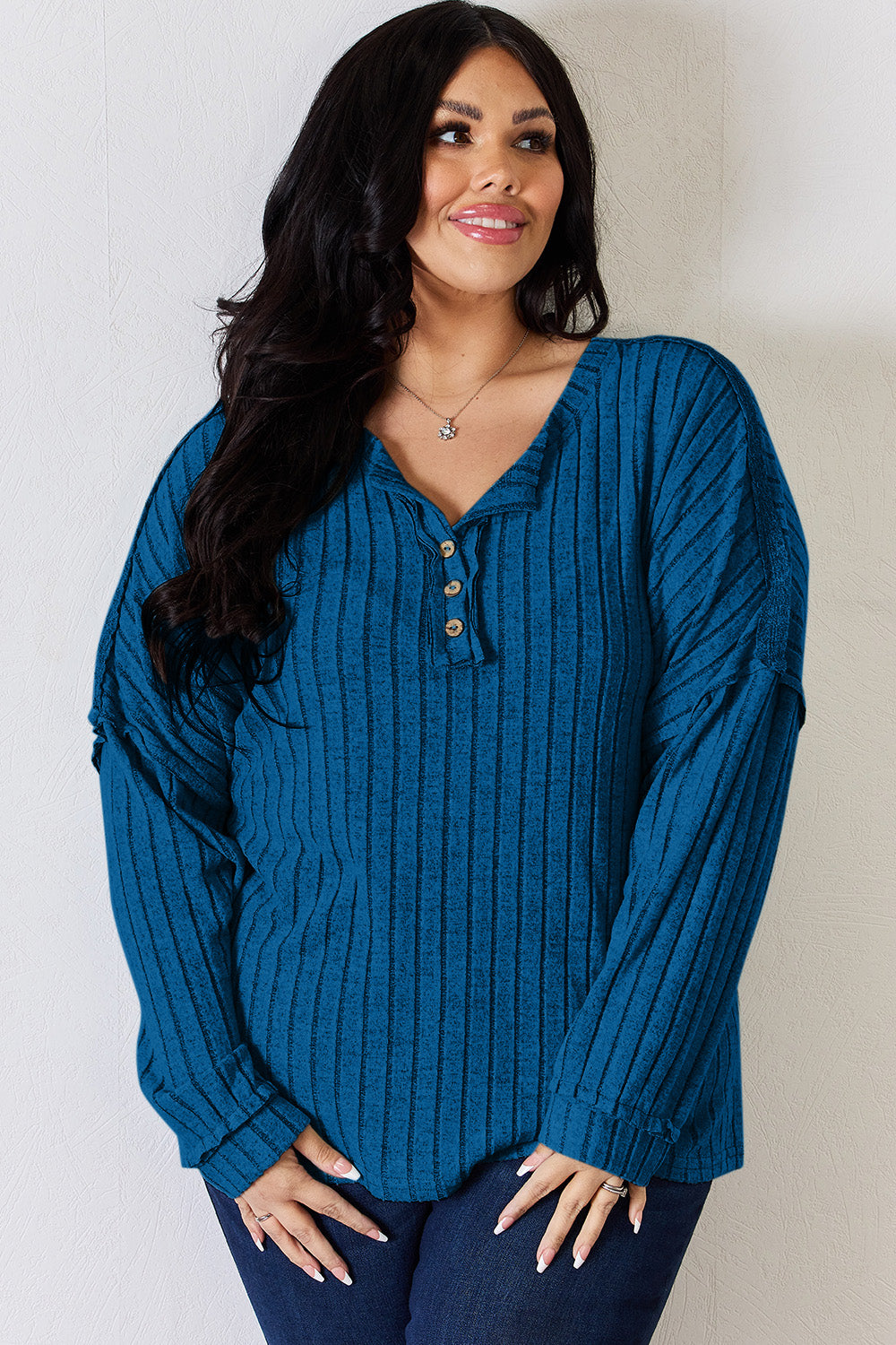 Basic Bae Regular/Full Size Ribbed Half Button Long Sleeve T-Shirt