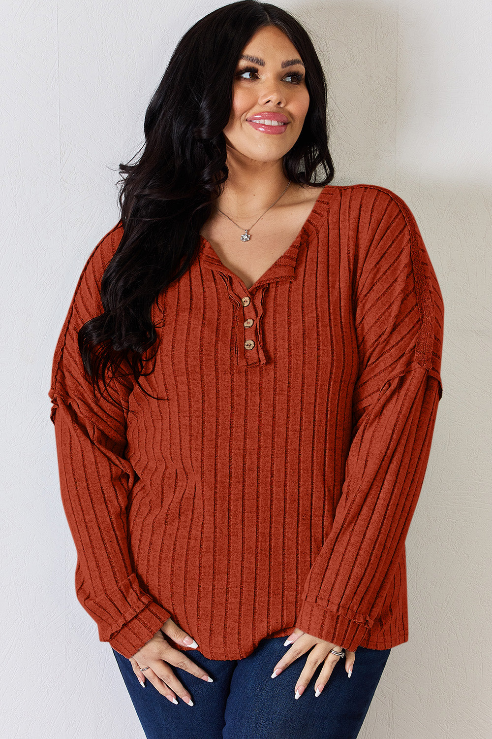 Basic Bae Regular/Full Size Ribbed Half Button Long Sleeve T-Shirt