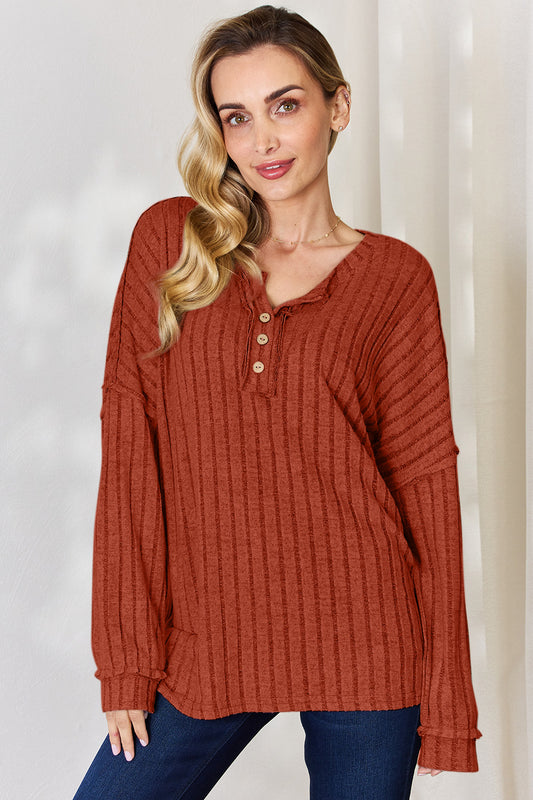 Basic Bae Regular/Full Size Ribbed Half Button Long Sleeve T-Shirt