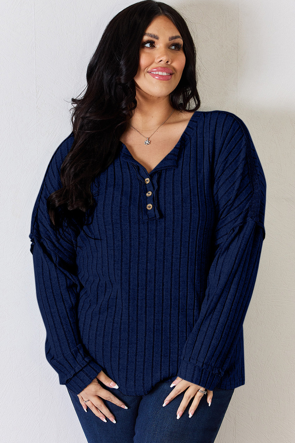 Basic Bae Regular/Full Size Ribbed Half Button Long Sleeve T-Shirt